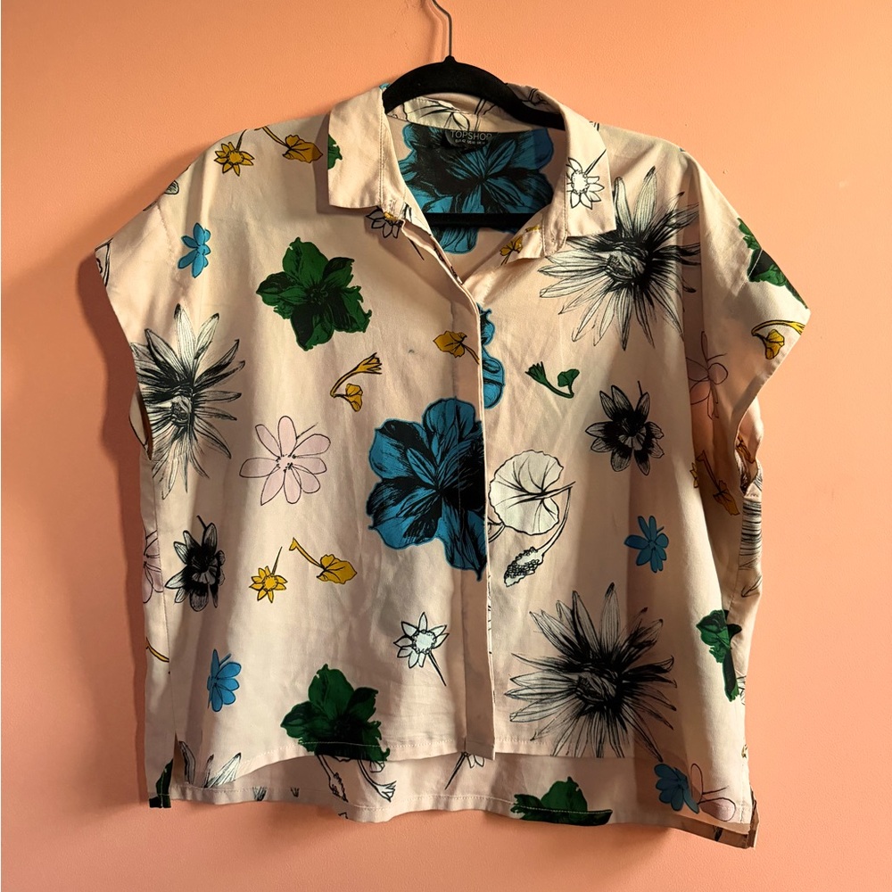 Topshop Cropped Pink Floral Boxy Button Up Top Size 10